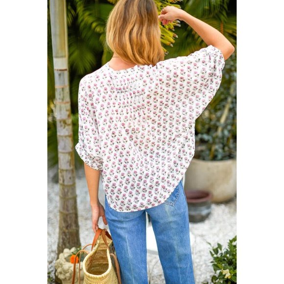 Emerson Fry Mandarin Collar Top Rosey Flowers Organic Cotton Made in India O/S - Picture 5 of 16